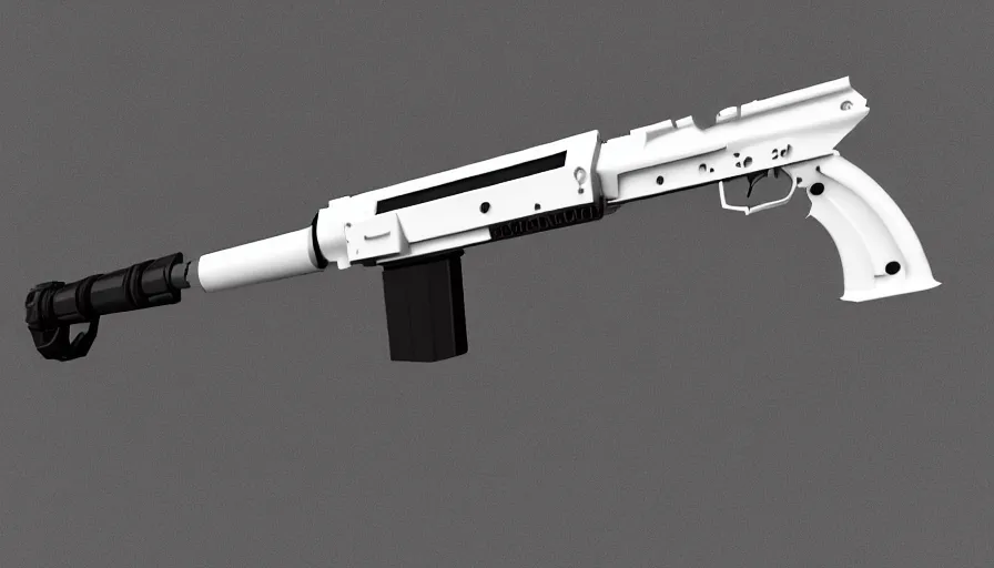 Prompt: extremely detailed ultra realistic photographic side view ultra minimalist assault rifle coilgun, detailed trigger, chemically propelled, electric, smooth streamline, elegant sleek smooth body, white paint, battery and wires, railgun, chemrail, gauss, smooth utopian design, ultra high quality, octane, cod, destiny, warframe, terminator