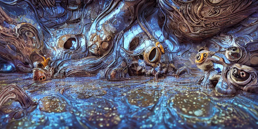 Image similar to of an intricate muddy water with strange cute friendly happy creatures with huge eyes, long tongue, round teeth and goofy funny face, appearing from the background, in the style of gehry and gaudi, macro lens, shallow depth of field, ultra detailed, digital painting, trending artstation, concept art, illustration, cinematic lighting, photorealism, epic, octane render