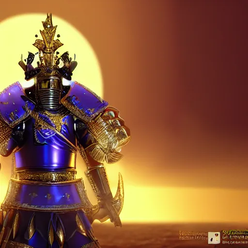 Image similar to a highly detailed knight with glowing purple eyes in a T golden helmet and a golden crown with a blue diamond in the center, golden armor, leather clothes under the armor, leather gloves, holds a black sword, artstation, DeviantArt, professional, octane render, sunset lighting