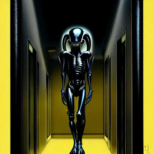 Image similar to black glossy xenomorph, alien movie, endless empty office building, pale yellow wallpaper, moist brown carpet, dim fluorescent lighting, artstation, ultra detailed, creepy, dramatic lighting, photorealistic, art by h. r. giger