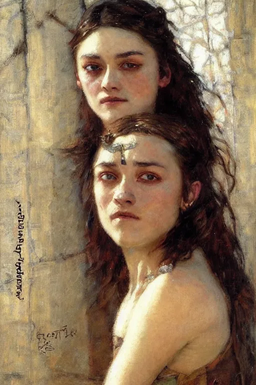 Image similar to portrait of arya stark. art by gaston bussiere.