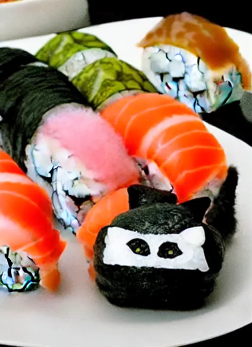 Image similar to clear photorealistic picture of adorable cats made out of sushi