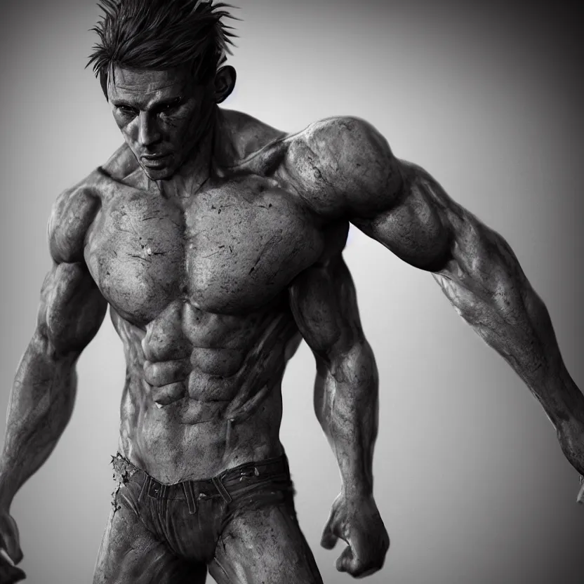 Image similar to a single muscular man wearing torn clothes, looking to the right, profile picture, hyperrealistic, concept art, octane render, unreal engine 5, trending on artstation, high quality, highly detailed, 8 k, dramatic lighting, cinematic, high coherence, anatomically correct, five fingers, digital art, seductive, black and white