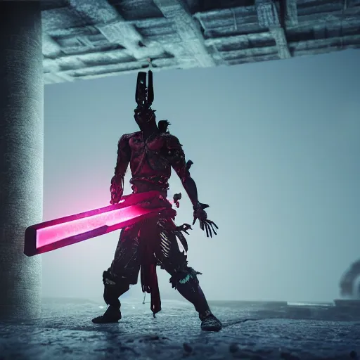 Image similar to detailed render of an alien samurai with katana in right hand staying in the abandoned concrete temple, epic lighting, sunset, gloomy, dark, neon lights glow, cryengine, unreal engine 5, octane render, trending on artstation, 8k,