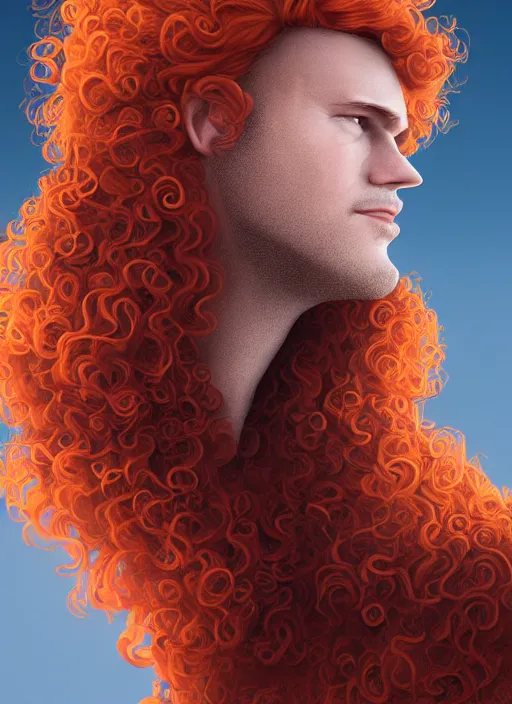 Image similar to illustration of curly orange hair men as a self portrait, smooth, unreal engine 5, octane, reflects, masterpiece artwork, ultra detailed, artgerm, as pixar film poster, digital art, trending on artstation, behance, deviantart