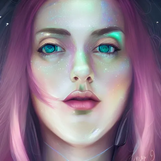 Image similar to portrait of a woman inspired by lois van baarle, charlie bowater, anna dittmann, illustration, iridescent, iridescent hair, face, hair styles, goth makeup, glitter, self confidence, cinematic 8 k