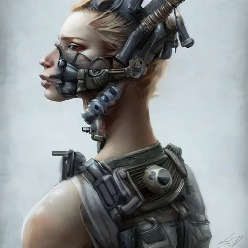 Prompt: beautiful female chimera, full round face, short smile, full body, post apocalyptic setting, futuristic, medium shot, mid-shot, highly detailed, trending on Artstation