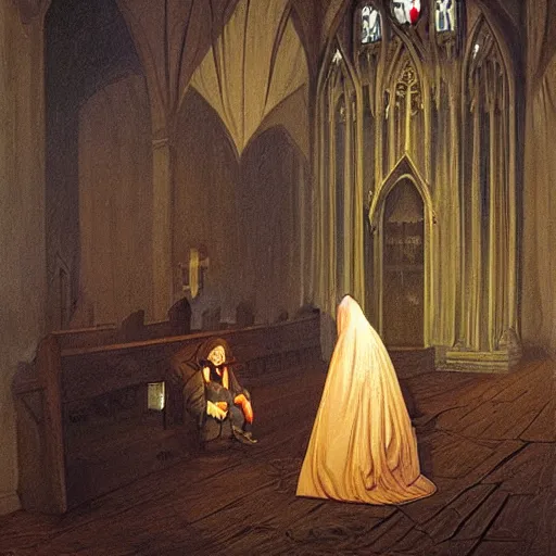 Prompt: a story about a witch begging for her life in a church, victorian painting, by simon stalenhag