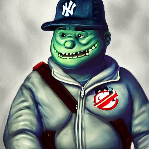 Image similar to the ghostbusters marshmallow man wearing timberlands and a yankee hat smoking a joint walking threw new york city, highly detailed portrait, digital painting, artstation, concept art, smooth, sharp foccus ilustration, artstation hq