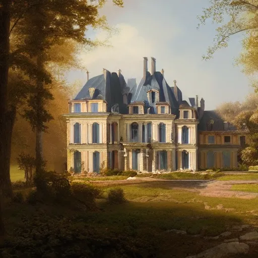 Image similar to a large serene beautiful matte painting of a delapitaded quaint french country mansion, by asher brown durand and greg rutkowski, featured on artstation, blue and orange color scheme