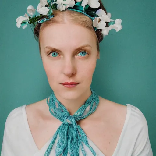 Prompt: a portrait of beautiful nordic woman wearing a white folkdrakt dress, summer flowers headband on her head, against a teal blue background