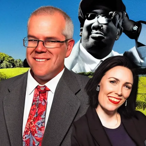 Prompt: scott morrison and jacinda ardent on a nineties rap album cover. they are a married couple and are throwing money in the air and smoking cigars. also they are wearing caps backwards.