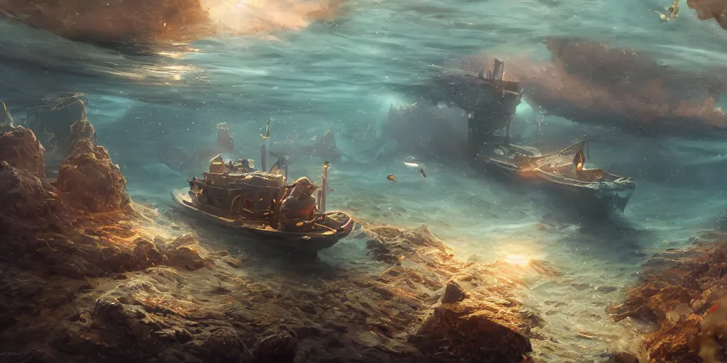 Prompt: james paick - a victorian underwater craft escapes, vibrant, 5 0 mm lens, game environment design, behance hd, dramatic lighting, cinematic, global illumination, deviant art, trending on artstation, bloom