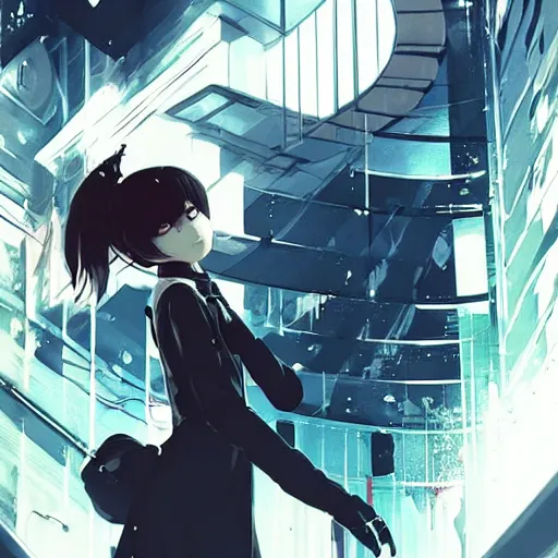 Image similar to Frequency indie album cover, luxury advertisement, white and navy colors. highly detailed post-cyberpunk sci-fi close-up schoolgirl in asian city in style of cytus and deemo, mysterious vibes, by Ilya Kuvshinov, by Greg Tocchini, nier:automata, set in half-life 2, beautiful with eerie vibes, very inspirational, very stylish, with gradients, surrealistic, postapocalyptic vibes, depth of filed, mist, rich cinematic atmosphere, perfect digital art, mystical journey in strange world, beautiful dramatic dark moody tones and studio lighting, shadows, bastion game, arthouse