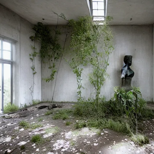 Image similar to an abandoned room in a concrete building, few overgrown plants, dreamy, overcast, by hans bellmer