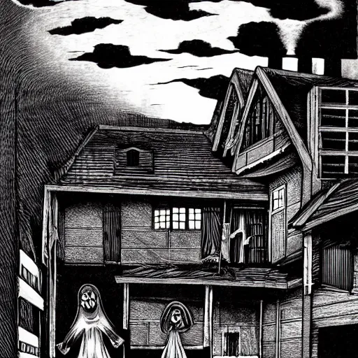 Image similar to a haunted house, by junji ito