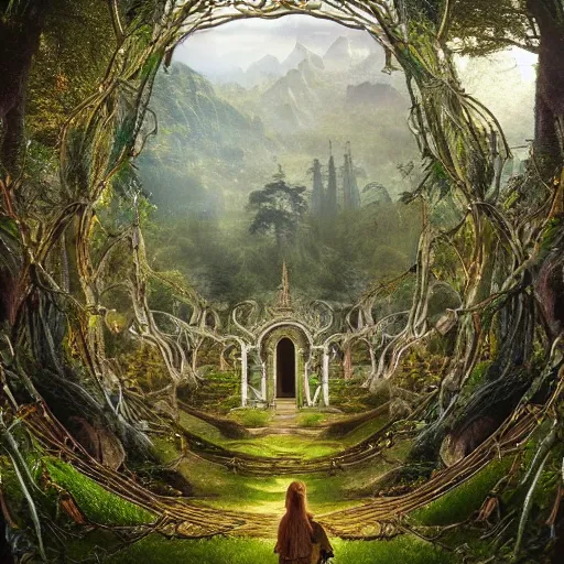 Image similar to a beautiful and highly detailed matte painting of an elven temple in a magical fantasy garden in a lush forest in the mystical mountains, celtic knots, tangled trees, celtic knotted vines, intricate details, epic scale, insanely complex, 8 k, sharp focus, hyperrealism, very realistic, by caspar friedrich, albert bierstadt, james gurney, brian froud,
