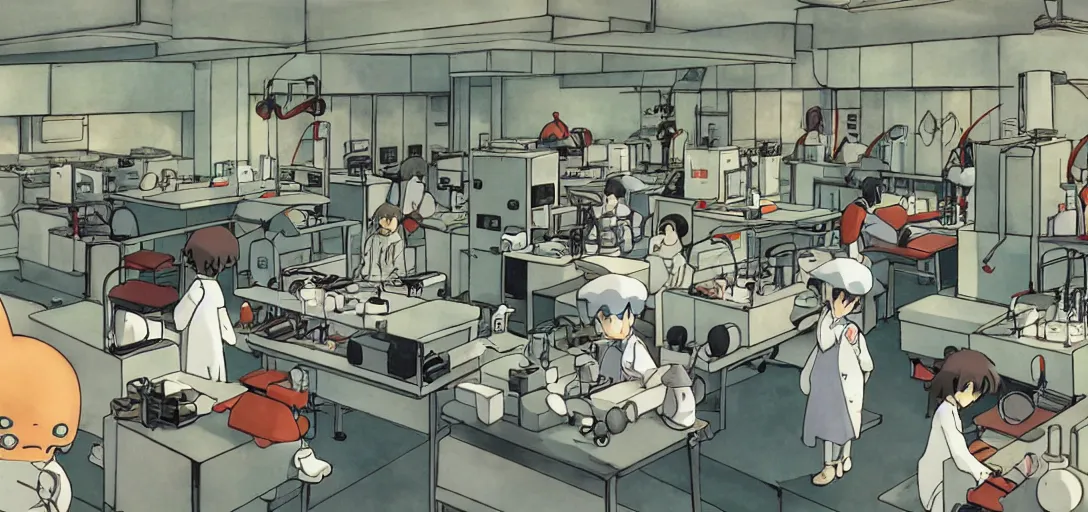 Image similar to A dimly lit laboratory with machines that clone Pokémon, art by Hayao Miyazaki, art by Studio Ghibli, anime style