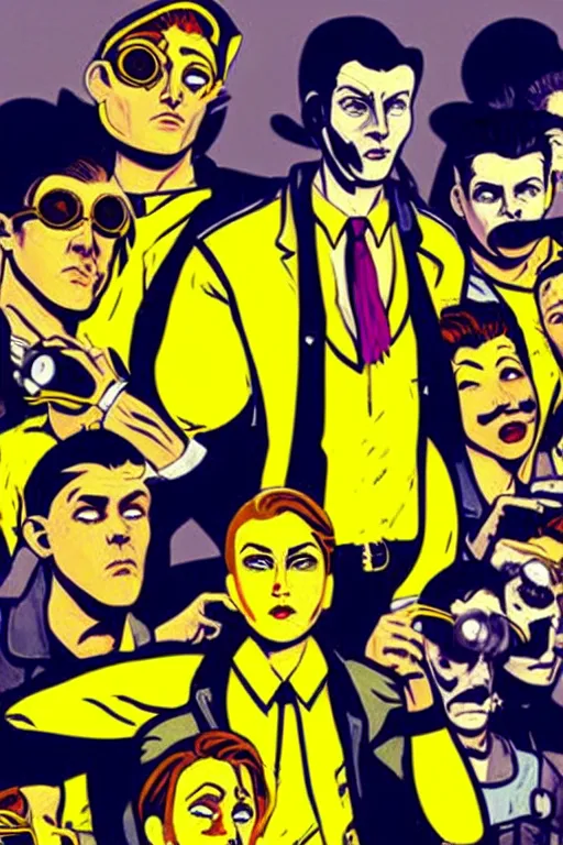 Image similar to 6 member from saints gangs wear yellow bandana, some of member have mustard. pop art, bioshock infinite art style, arstation trending, accurate, detailed, unembellished depiction of nature or of contemporary life, gta chinatown wars art style, art by richard hamilton and mimmo rottela