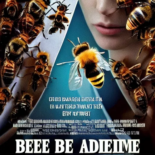 Image similar to movie poster of a bee addict who is addicted to being stung by bees