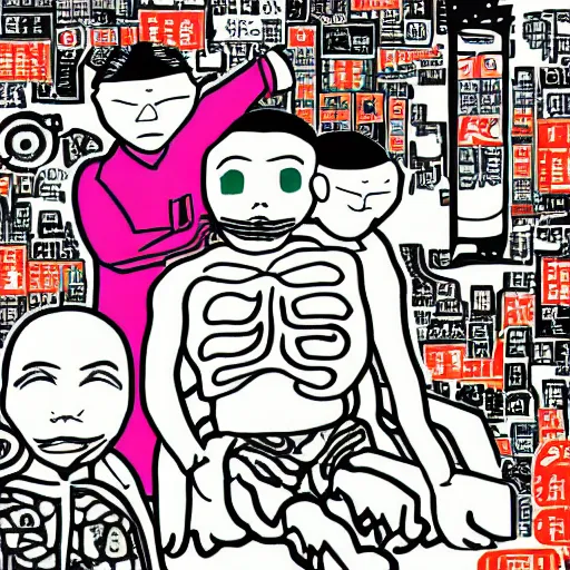 Image similar to chinese body on an operating table, in the style of daniel johnston and outsider art, 8k, line brush, minimal, overlaid with chinese adverts, very detailed