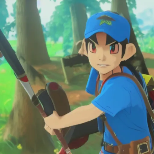 Image similar to Film still of Ash Ketchum, from The Legend of Zelda: Breath of the Wild (2017 video game)