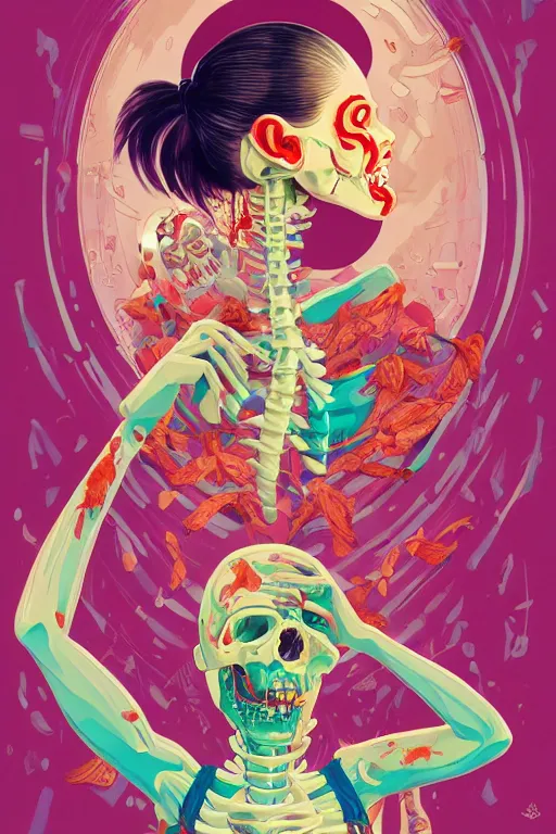 Image similar to a smiling cute zombie woman peeling skeleton skin and wavy hair, tristan eaton, victo ngai, artgerm, rhads, ross draws