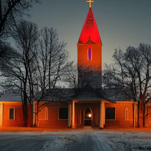 Prompt: photograph of a midwestern church at night with red light coming from the windows, ominous forest in the background