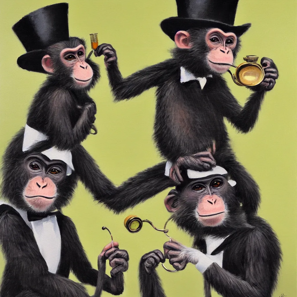 Prompt: one monkey wearing a monocle and a top hat drinking tea, brush strokes, oil painting