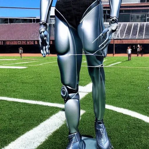 Image similar to “ a realistic detailed photo of a guy who is an attractive humanoid who is half robot and half humanoid, who is a male android, football player christian mccaffrey, shiny skin, posing like a statue, blank stare, on the field, on display ”