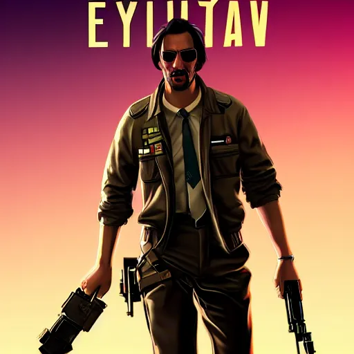 Image similar to keanu reevez in the role of main character from disco elysium, game poster