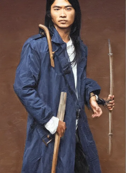 Image similar to a young asian man with tanned skin and long wavy black hair. he has an intense expression, is wearing a long blue military style coat and holding a spear. portrait painting by greg rutkowski and raymond swanland