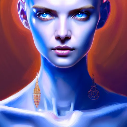 Image similar to woman with extremely large and intricate haircut with friendly blue eyes and slim features looking askance, eye cyberpunk bionics, retro futurist style, intricate, elegant gleaming jewelry, angelic halo, highly detailed, digital painting, artstation, concept art, smooth, sharp focus, illustration, art by wlop, mars ravelo and greg rutkowski,