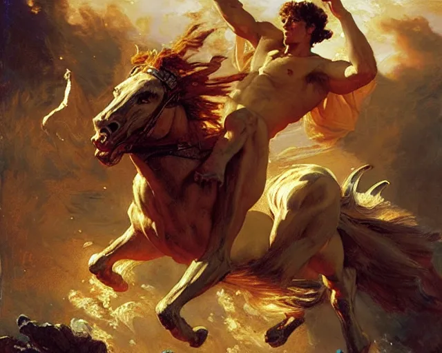 Image similar to attractive apollo greek god, riding his fire chariot. highly detailed painting by gaston bussiere, craig mullins, j. c. leyendecker 8 k