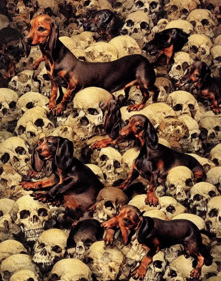 Prompt: Dachshund on top of a pile of human skulls, painting by Frank Frazetta