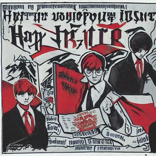 Prompt: Harry Potter and russian soviet revolution, colored, red flags