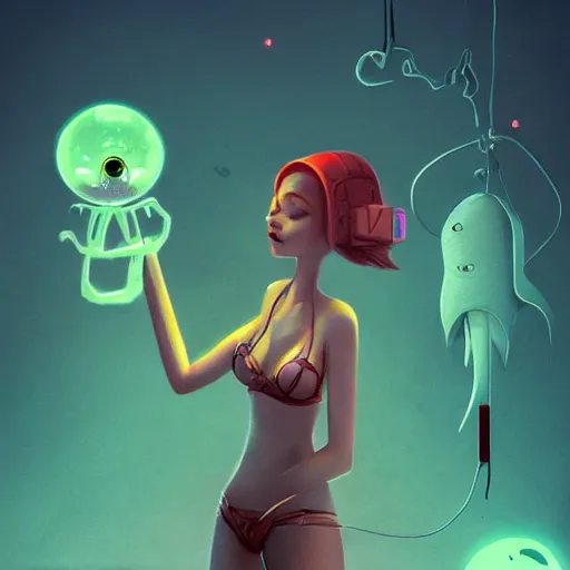 Prompt: cute monster, curled perspective, digital art, alien on ship, bikini girl smoking a bong, old photo camera, anton fadeev