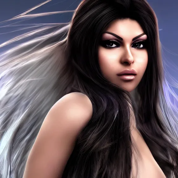 Image similar to portait of haifa wehbe, long hair centred, hd, very detailed curve, unreal engine, final fantasy style, fairy tail background