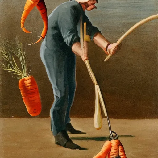 Prompt: dangling carrot in a fishing rod in front of a blonde man,