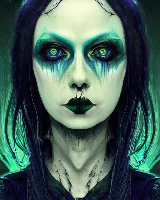 Prompt: portrait of funny blue and green eyes goth dark queen of the vampire council, intricate abstract. intricate artwork, by tooth wu, wlop, beeple, dan mumford. concept art, octane render, trending on artstation, greg rutkowski very coherent symmetrical artwork. cinematic, key art, hyper realism, high detail, octane render, 8 k, iridescent accents