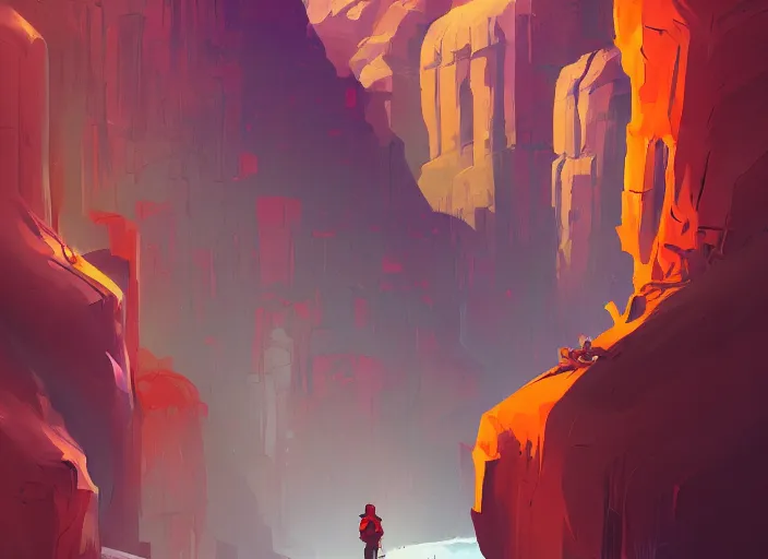 Image similar to a painting of a man walking through a canyon, a digital painting by anton fadeev, behance contest winner, fantasy art, speedpainting, 2 d game art