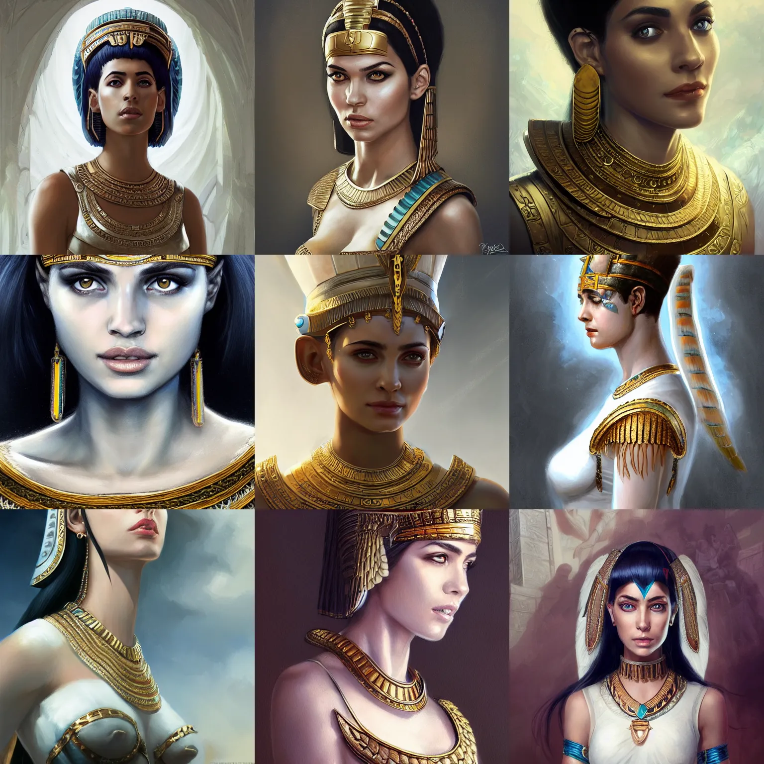 Prompt: cleopatra, white tunic, portrait, highly detailed, digital painting, trending on artstation, concept art, sharp focus, illustration, art by artgerm and greg rutkowski and magali villeneuve