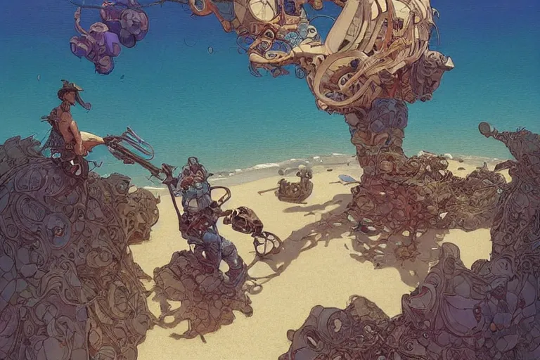 Image similar to an epic painting of tired and bored 5 5 - year old male journalist finally going on beach vacation, artstation, hyperdetailed, beautiful lighting, by james jean, moebius, cory loftis, craig mullins, rutkowski, mucha, kim jung - gi, klimt, roger dean, highly detailed, few ultramarine highlights, oil on canvas