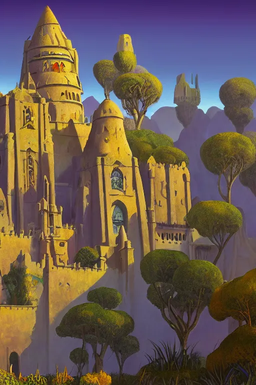 Prompt: distance view of the painted tower of the moon in its gardens fairytale illustration, tall windows, beautiful moorish tiles, dramatic cinematic lighting, rich colors, golden age illustration, by Sylvain Sarrailh and Nicholas Roerich and jean delville and Tyler Edlin and William Dyce and April Gornik ,unreal engine