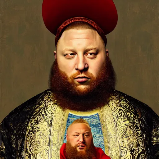 Image similar to portrait of Action Bronson as a medieval Albanian baron, by Kehinde Wiley, Gentile Bellini, and Annie Leibovitz. HD face portrait.