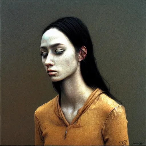 Prompt: portrait of 23 years old girl, painting by Beksinski