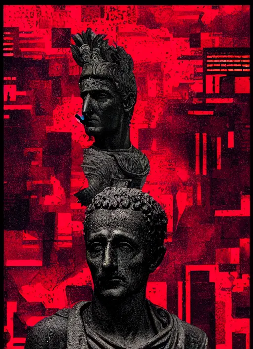 Image similar to black background with very subtle red and purple design elements, statue of julius caesar, powerful, nekro, graphic design, collage art, thin lines, dark, glitch art, neo vaporwave, gritty, layout frame, square, trending on artstation