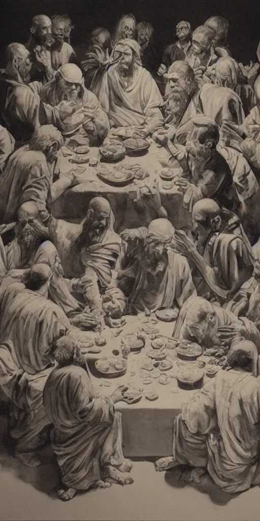 Image similar to oil painting scene from the last supper by kim jung gi