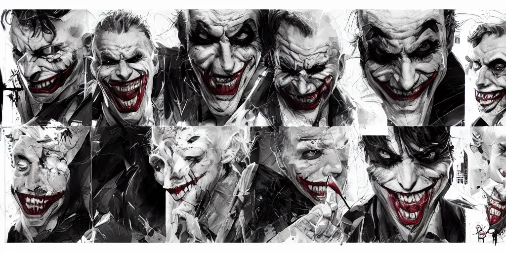 Image similar to the joker, character sheet, concept design, contrast, kim jung gi, greg rutkowski, zabrocki, karlkka, jayison devadas, trending on artstation, 8 k, ultra wide angle, pincushion lens effect