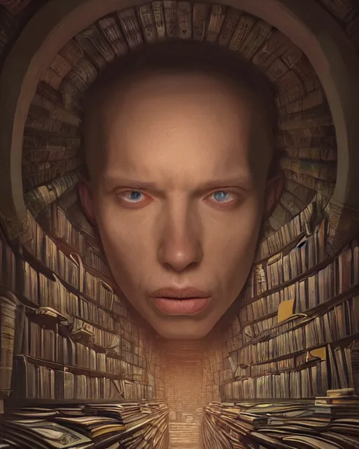 Image similar to highly detailed surreal vfx portrait of a villain in a catacomb of books, stephen bliss, unreal engine, greg rutkowski, loish, rhads, beeple, makoto shinkai and lois van baarle, ilya kuvshinov, rossdraws, tom bagshaw, alphonse mucha, global illumination, detailed and intricate environment